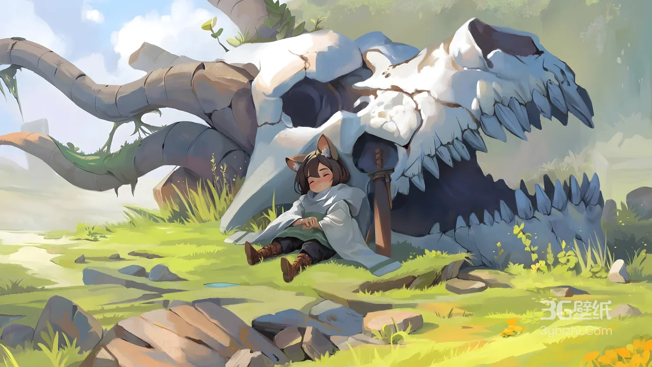 兽耳少女倚巨兽头骨休憩 二次元清新治愈风电脑壁纸1