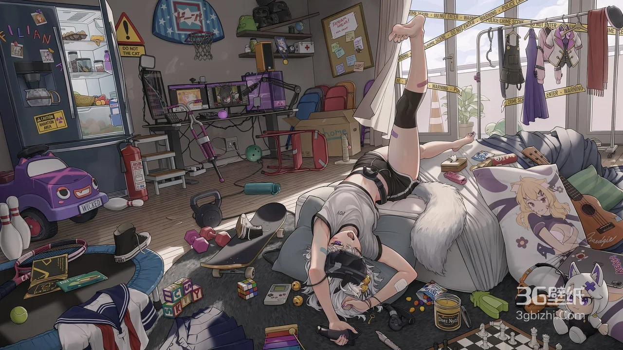 二次元杂乱宅屋·白发VR少女 日系宅系场景壁纸1