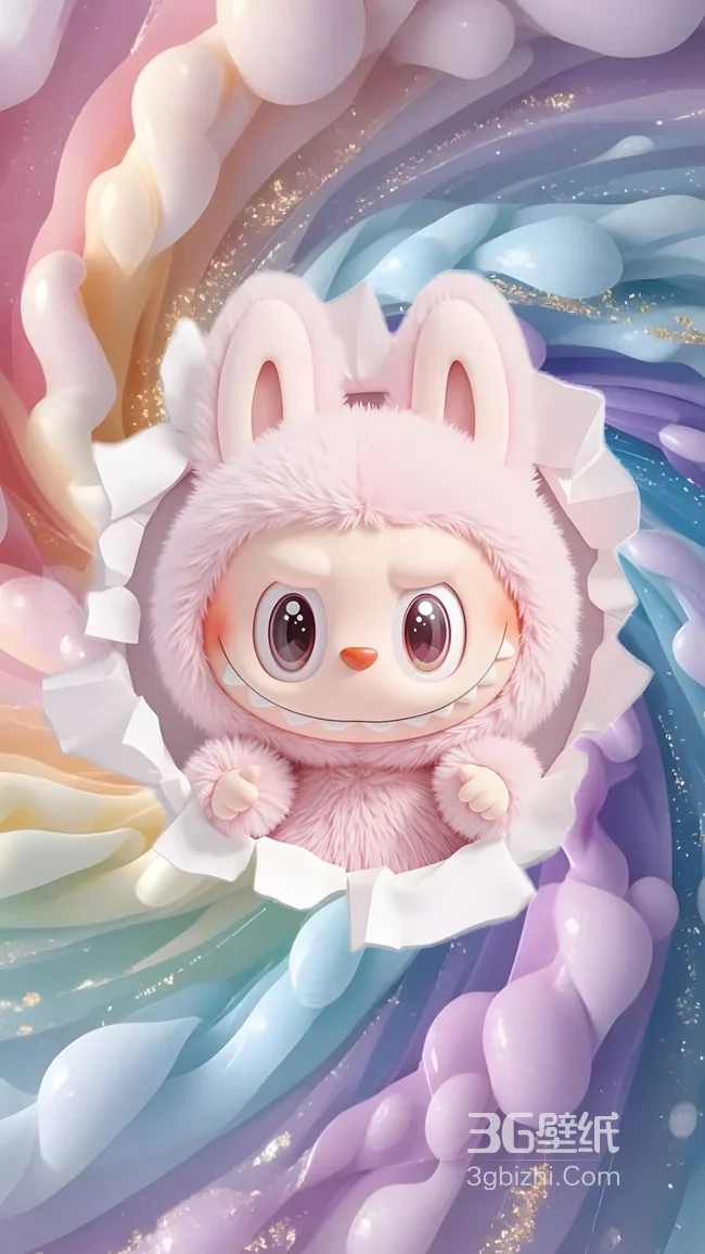 粉色毛绒兔耳潮玩·虎牙萌凶 梦幻彩虹流体治愈手机壁纸1