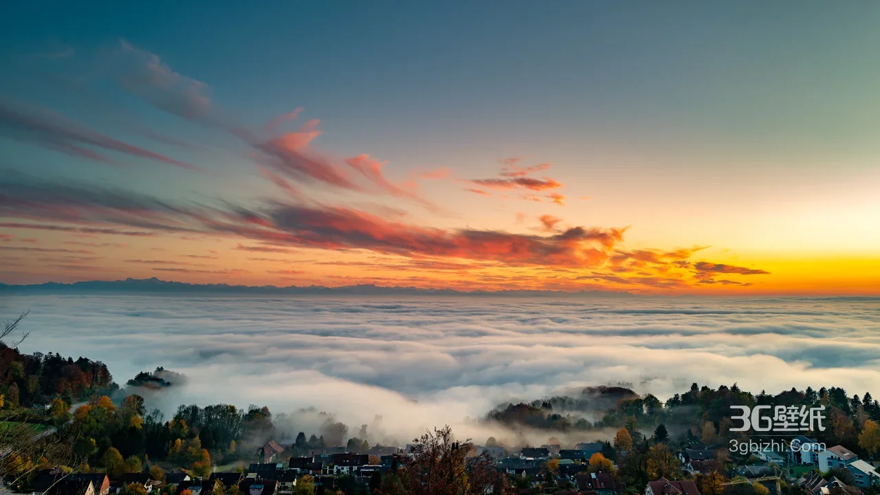 云海日出·山间村落唯美晨雾风光 宽屏电脑壁纸1