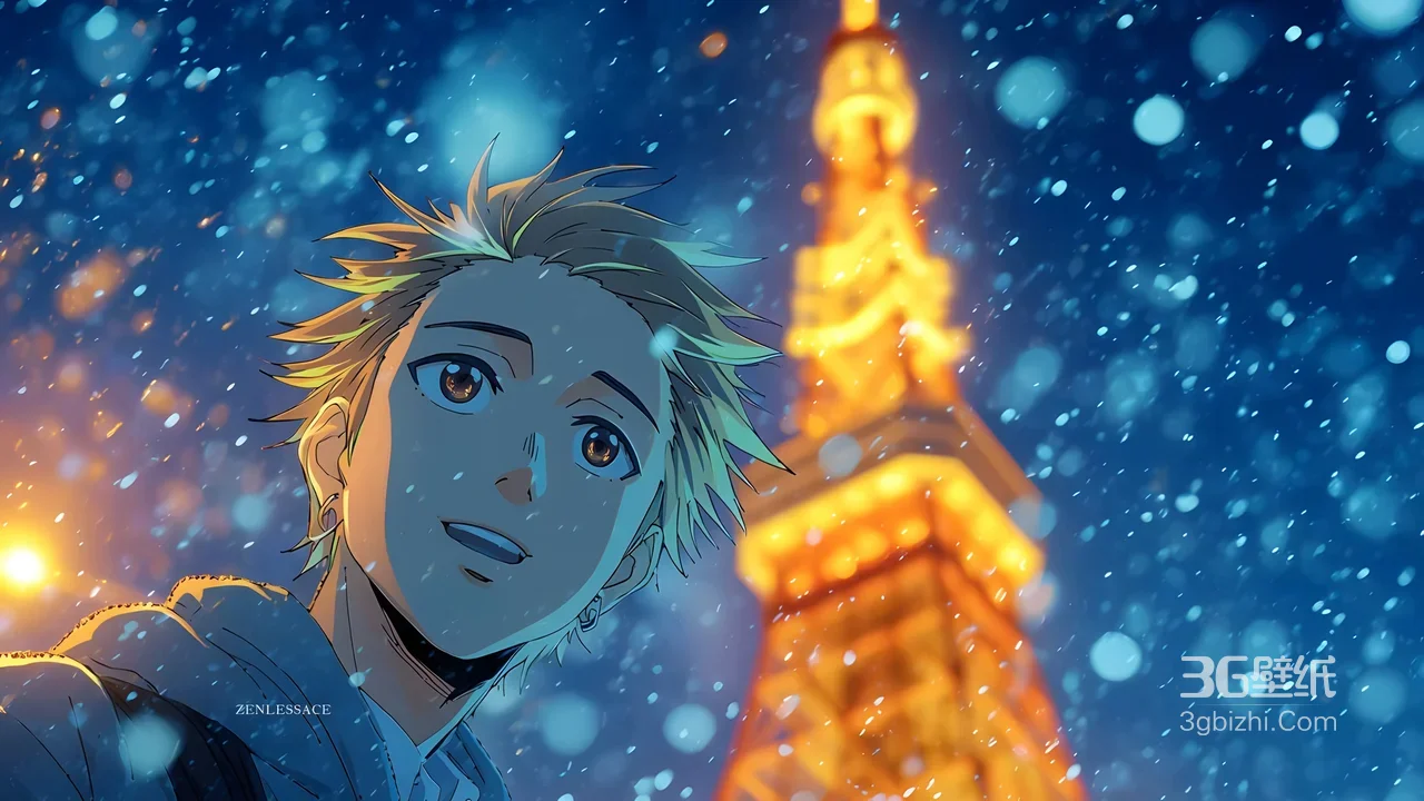 二次元少年·暖光雪景 东京塔夜景唯美电脑壁纸1