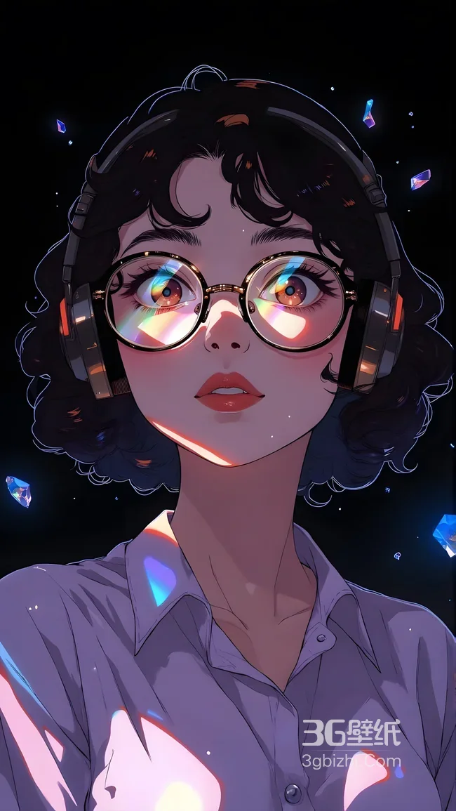 卷发少女·耳机眼镜炫光瞳 赛博插画风超炫光效手机壁纸1