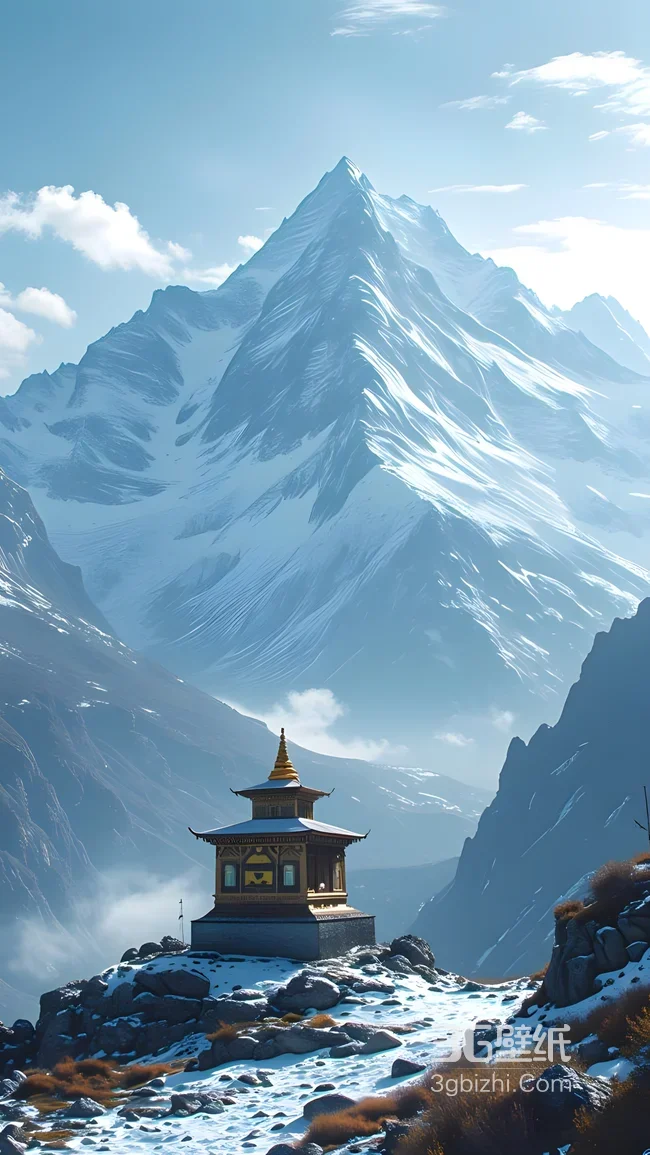 雪山下金顶藏式建筑·写实唯美高原秘境手机壁纸1