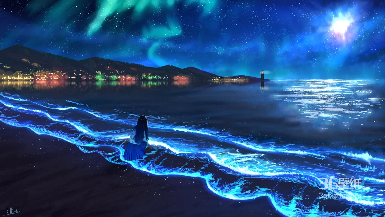 少女·荧光海浪极光夜景 二次元唯美超现实电脑壁纸1