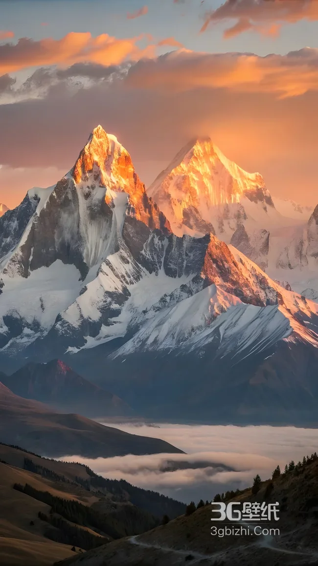 日照金山雪山群峰·唯美云海暖调 治愈系自然手机壁纸1
