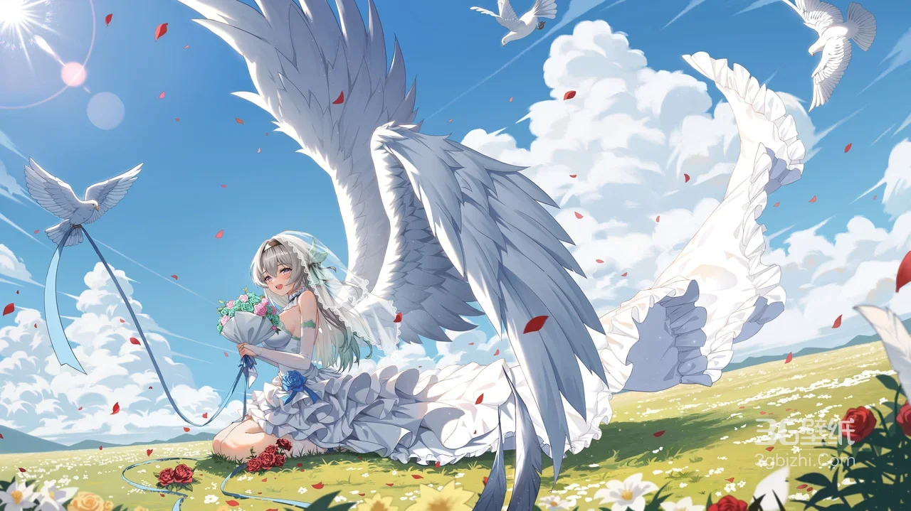 天使翅膀婚纱少女·二次元唯美花海电脑壁纸1