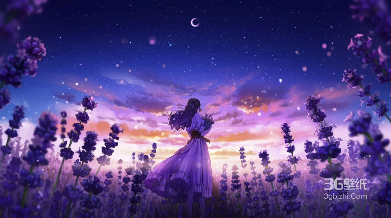 薰衣草花田·长裙少女 唯美二次元原创插画 治愈系电脑壁纸1