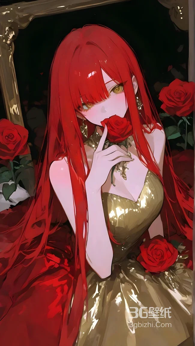 红发金裙少女·持红玫瑰 二次元唯美风 玫瑰主题壁纸1