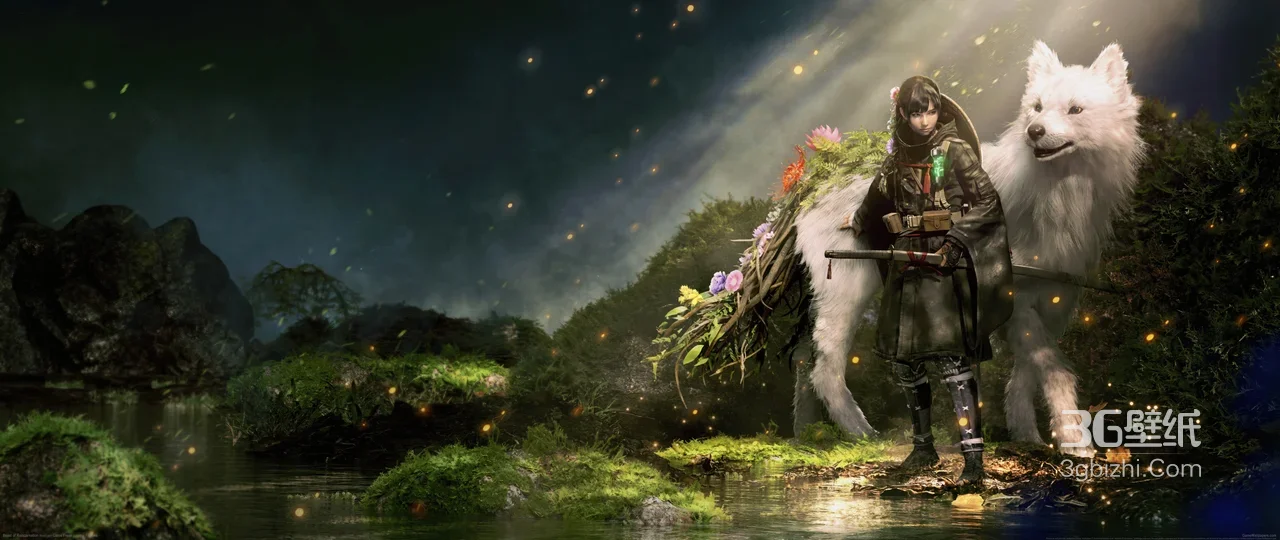 神秘冒险者·繁花白狼 唯美奇幻游戏场景宽屏电脑壁纸（车机适配）1