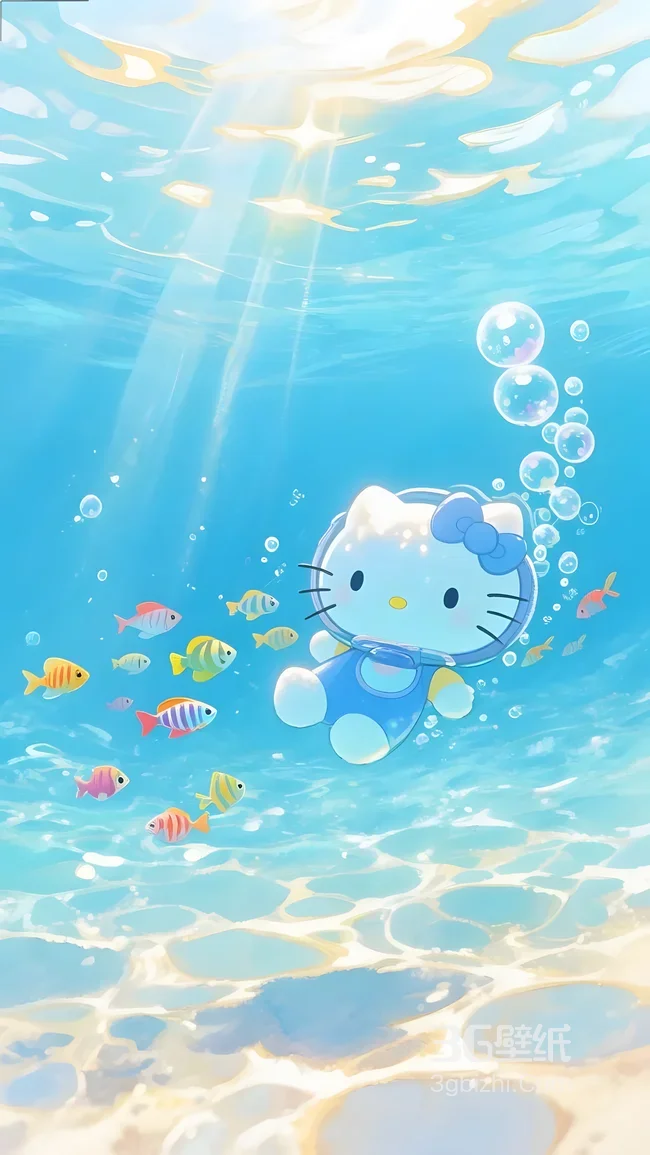 Hello Kitty·潜水装水下漫游 唯美清新三丽鸥动漫风 治愈系海洋壁纸1
