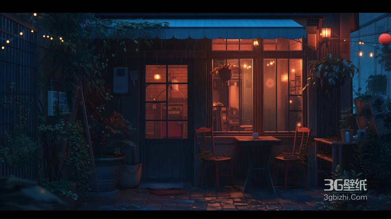 雨夜暖光庭院小店·国漫风 治愈宽屏电脑壁纸1