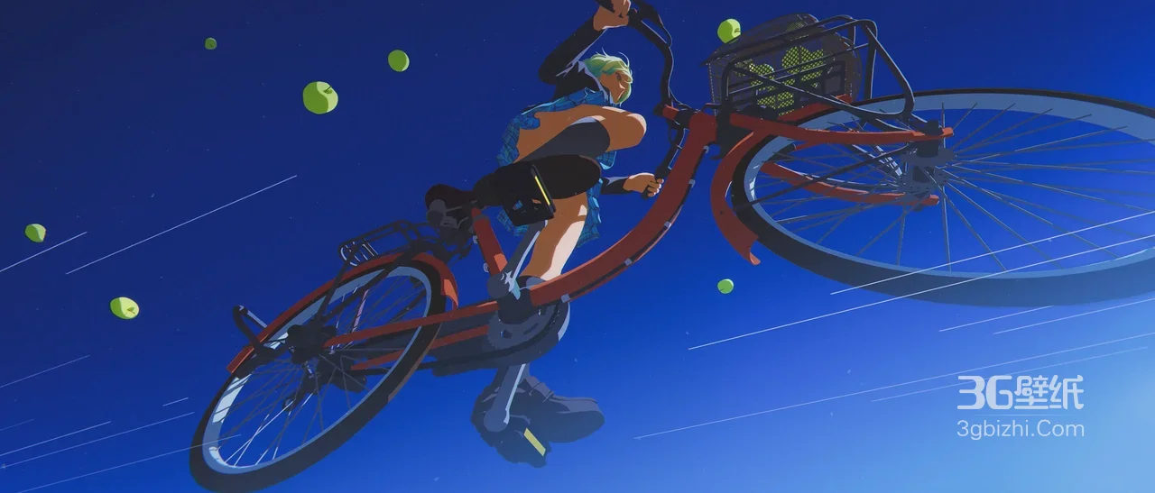 动漫少女·自行车腾空（日系动漫风·苹果散落）宽屏动漫壁纸1