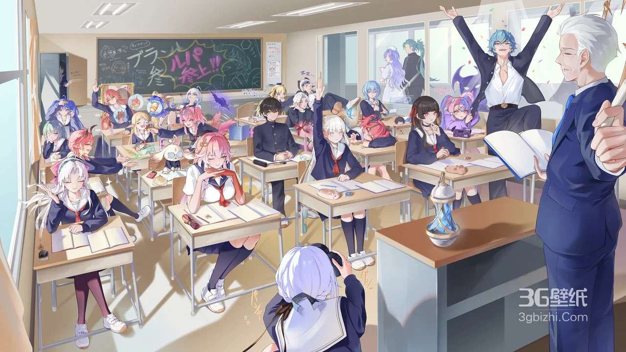 原神二次元校园教室角色互动 高人气动漫宽屏壁纸1