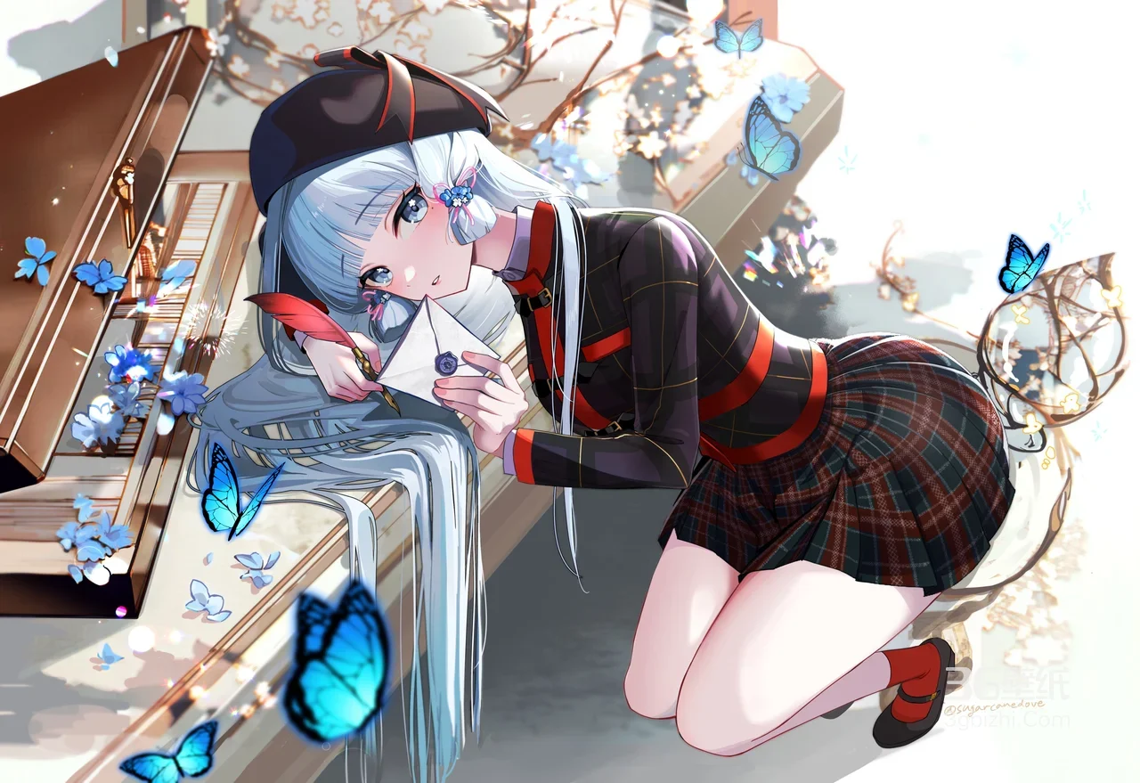 蓝发少女·写情书 二次元唯美风 蓝蝶钢琴宽屏动漫壁纸1