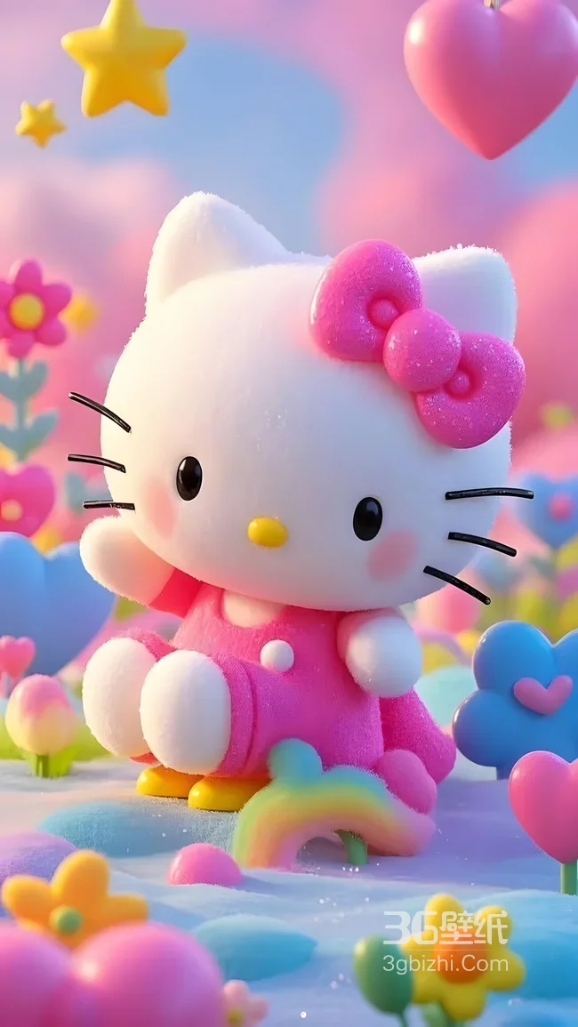 Hello Kitty·粉色蝴蝶结 梦幻治愈风童话花海手机壁纸1