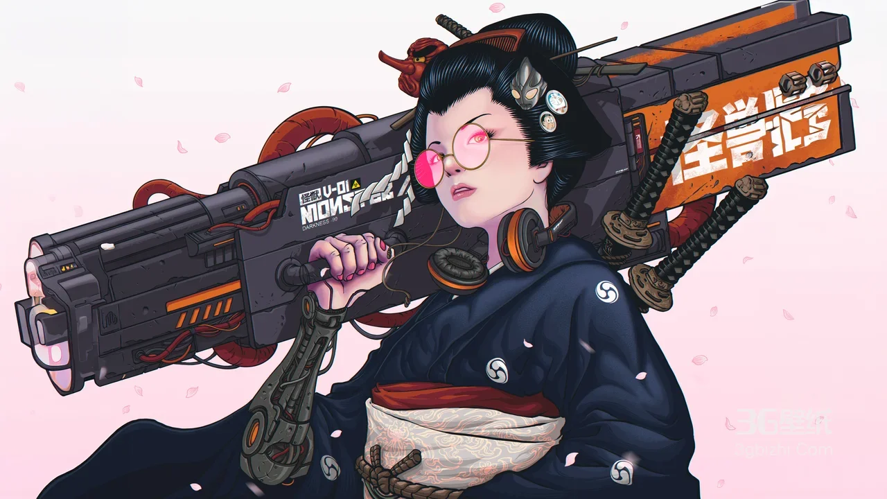 赛博朋克艺伎·机械臂巨枪和服·日系原创宽屏电脑壁纸1
