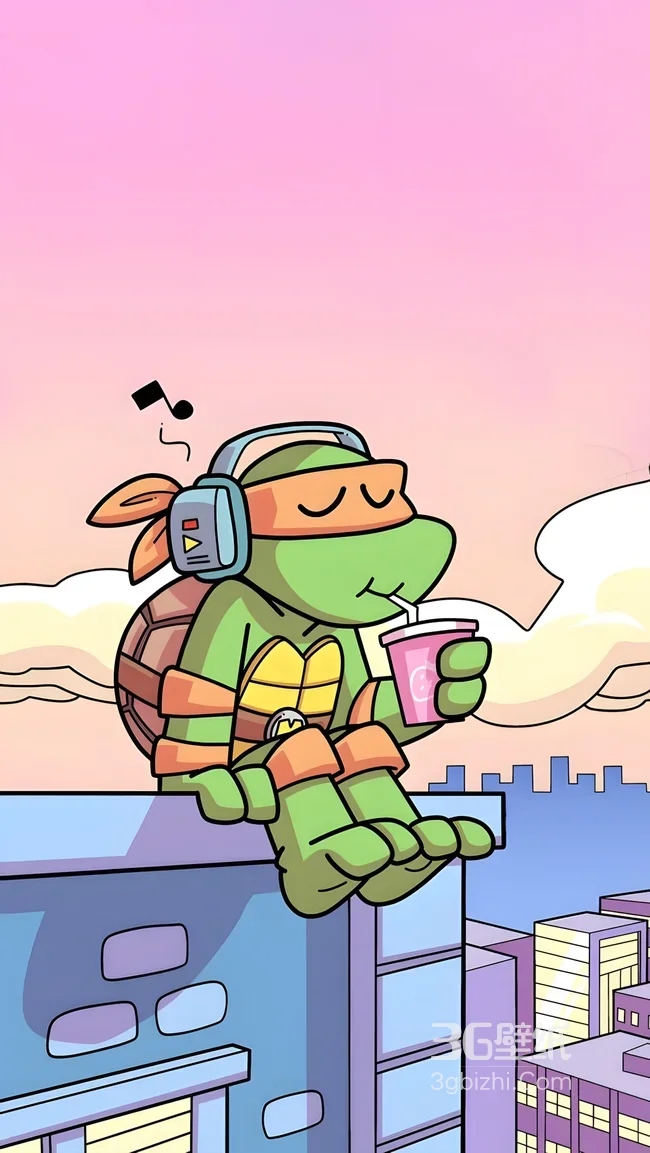 米开朗琪罗·耳机畅饮 卡通治愈忍者神龟手机壁纸1