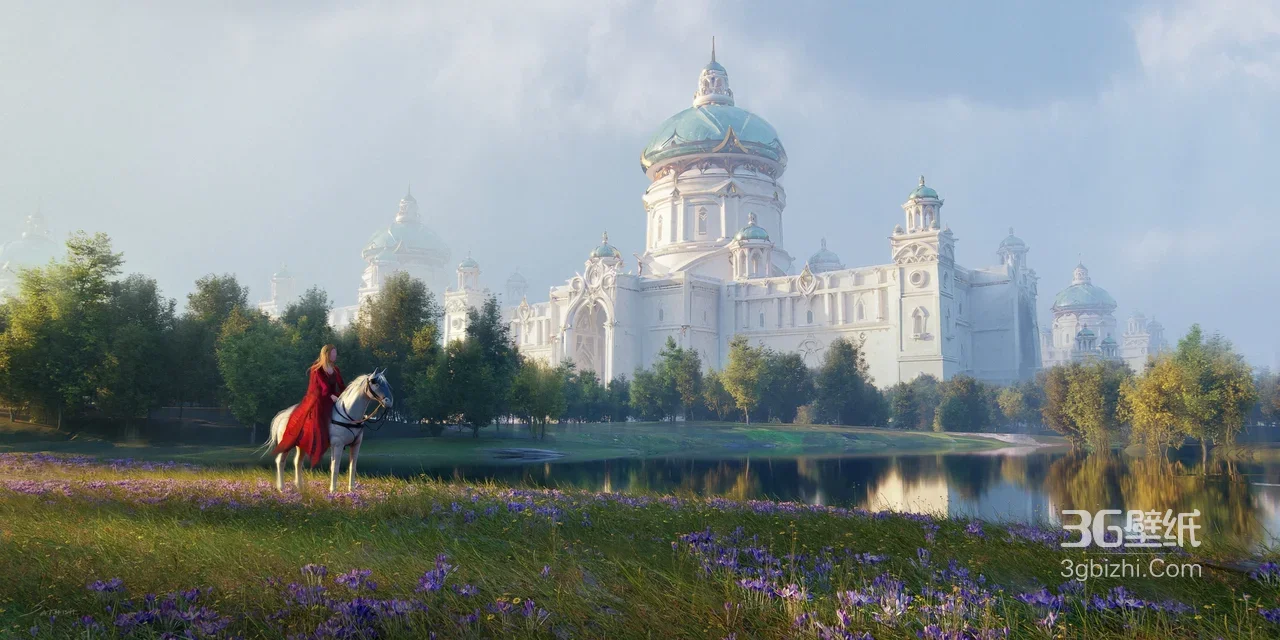 唯美奇幻风 红袍女子骑马·湖岸宫殿花海 高热度电脑壁纸1