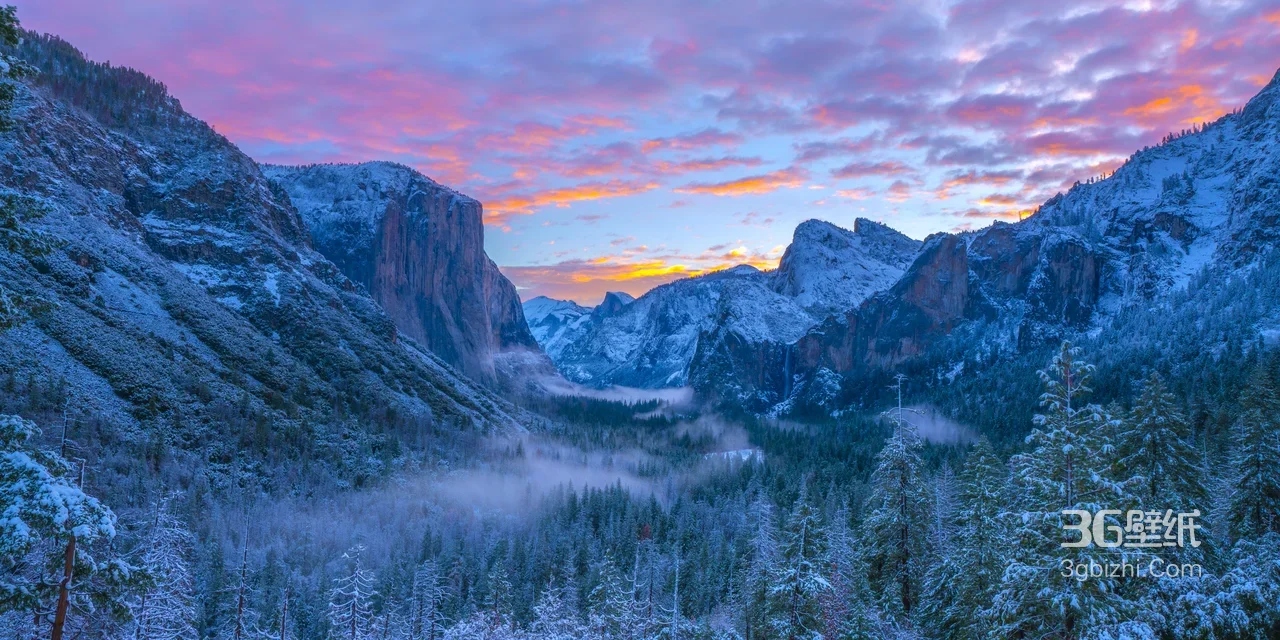 优胜美地冬日山谷雪景·唯美日出雾凇 自然风景壁纸优选1