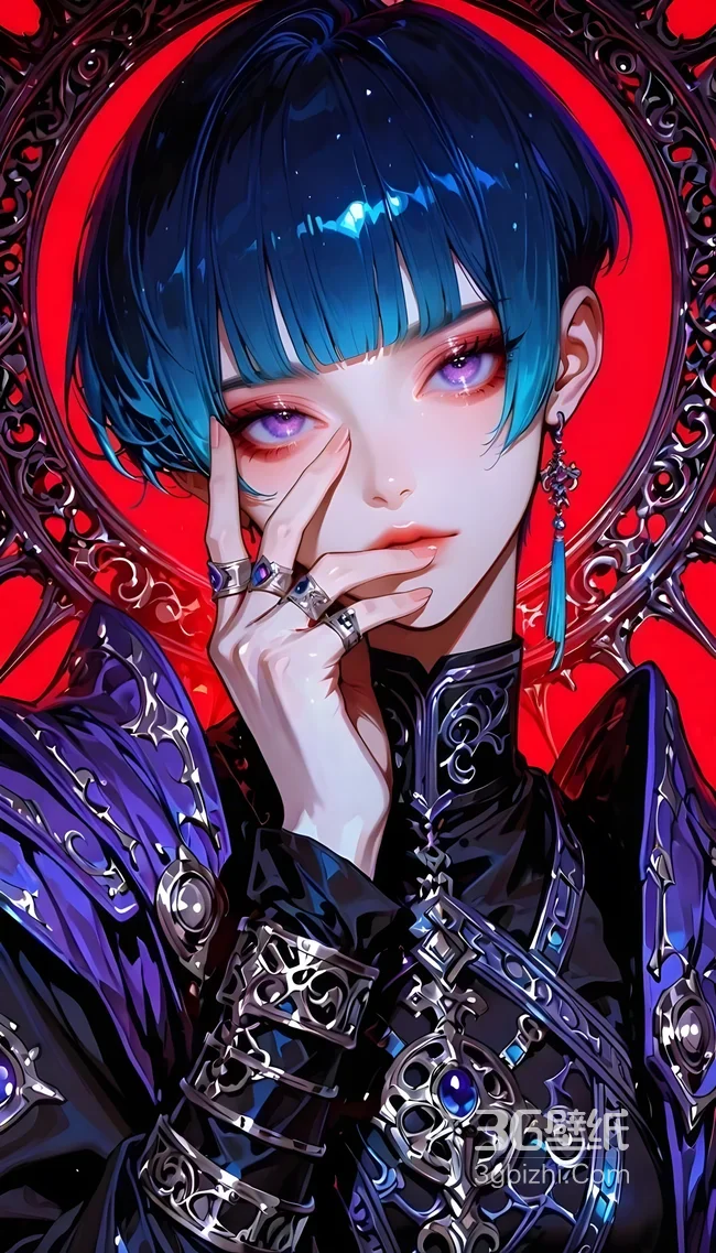 蓝发紫瞳哥特风人物·暗黑华丽插画 高人气手机壁纸1