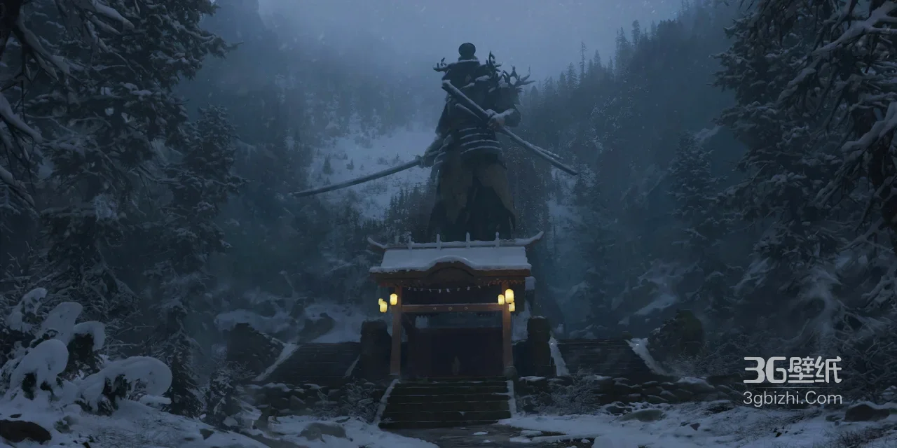 暗黑国风武士雕像·日式神社雪景 游戏风宽屏壁纸1