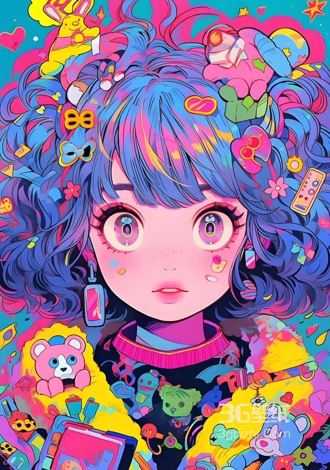 炫彩潮漫少女·霓虹赛博风原创插画 超火手机壁纸1