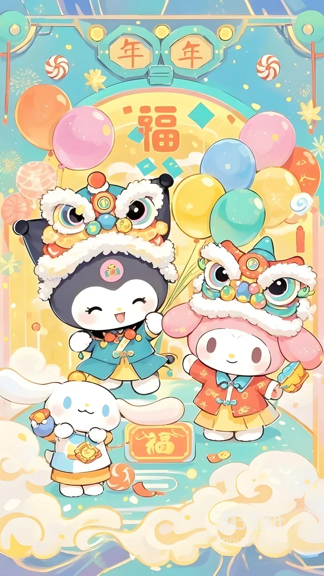 三丽鸥角色（库洛米/美乐蒂/玉桂狗）国风舞狮 新年壁纸1