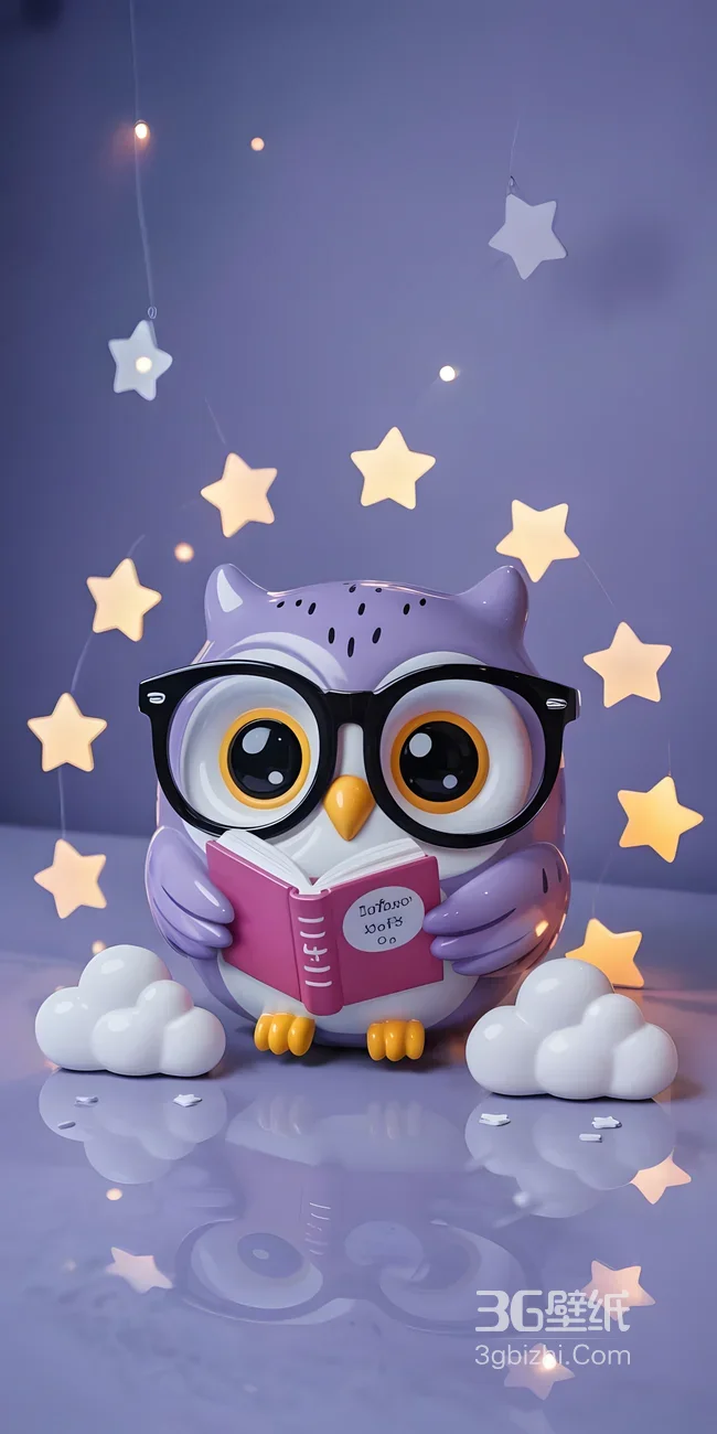 戴黑框眼镜的紫色猫头鹰读书·梦幻星星灯治愈萌系手机壁纸1