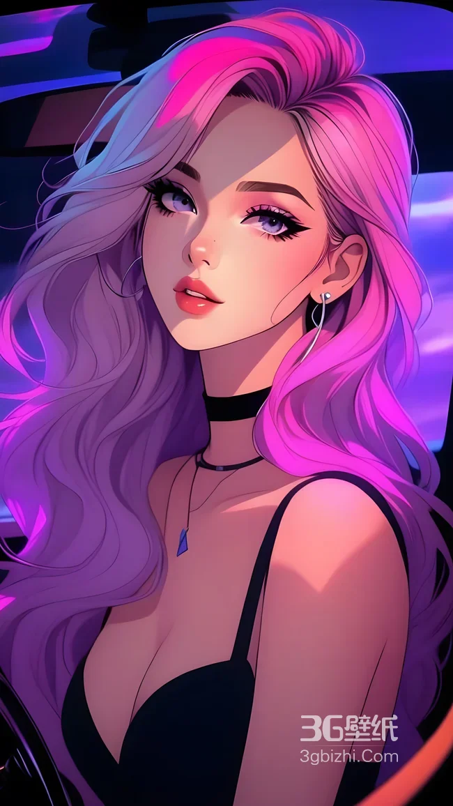 赛博朋克二次元粉紫长发少女·车内迷幻感手机壁纸1