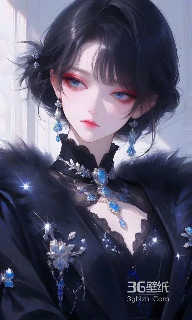 黑羽华服少女·蓝钻饰 古风轻奢竖屏壁纸1