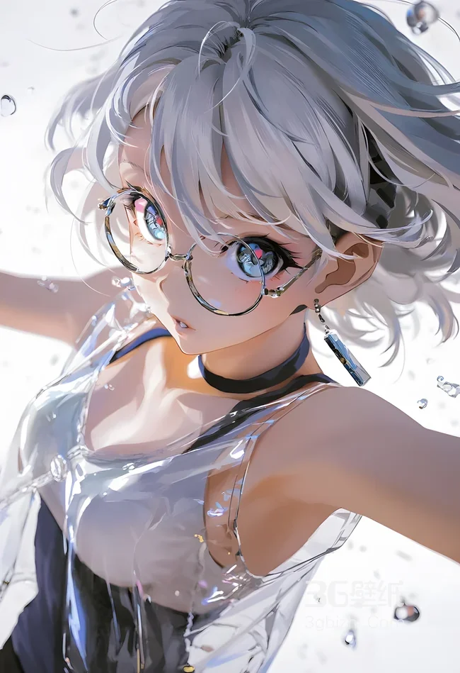 银发眼镜少女·透明服饰 二次元唯美原创插画手机壁纸1