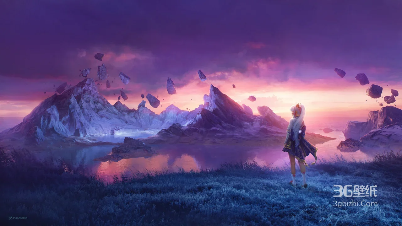 古风少女·浮空山峦紫霞湖景 唯美玄幻游戏风电脑壁纸1