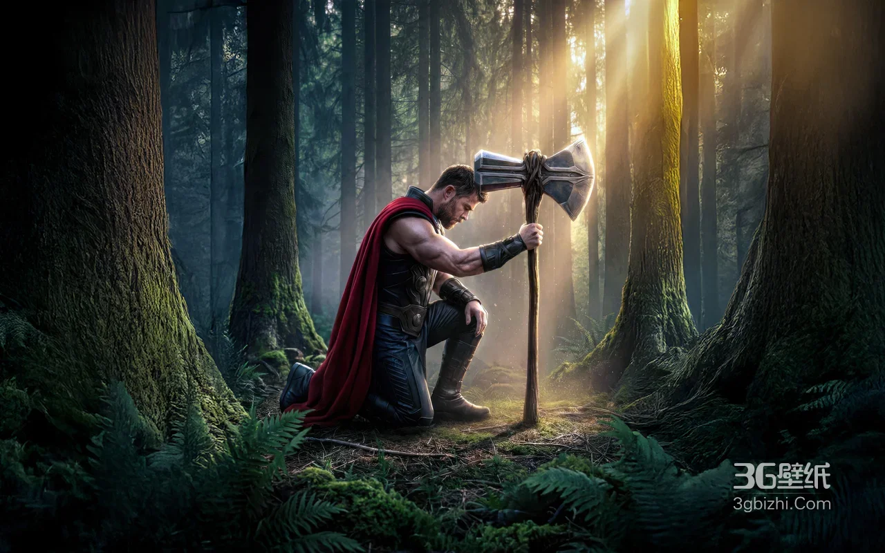 雷神·托尔跪持战斧·写实影视风宽屏壁纸1