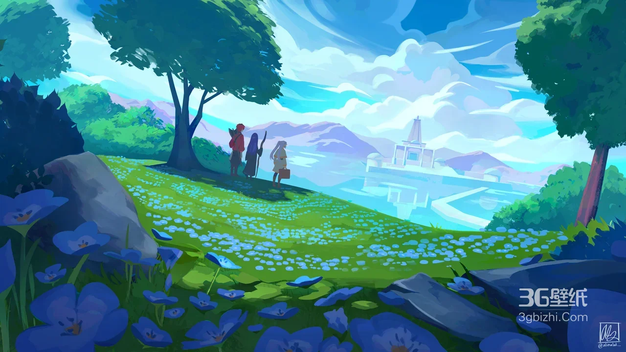 三人冒险小队·花海草地 唯美二次元风 湖畔神殿电脑壁纸1