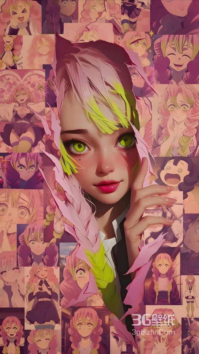 甘露寺蜜璃·粉绿发辫 动漫拼接写实风 鬼灭之刃壁纸1