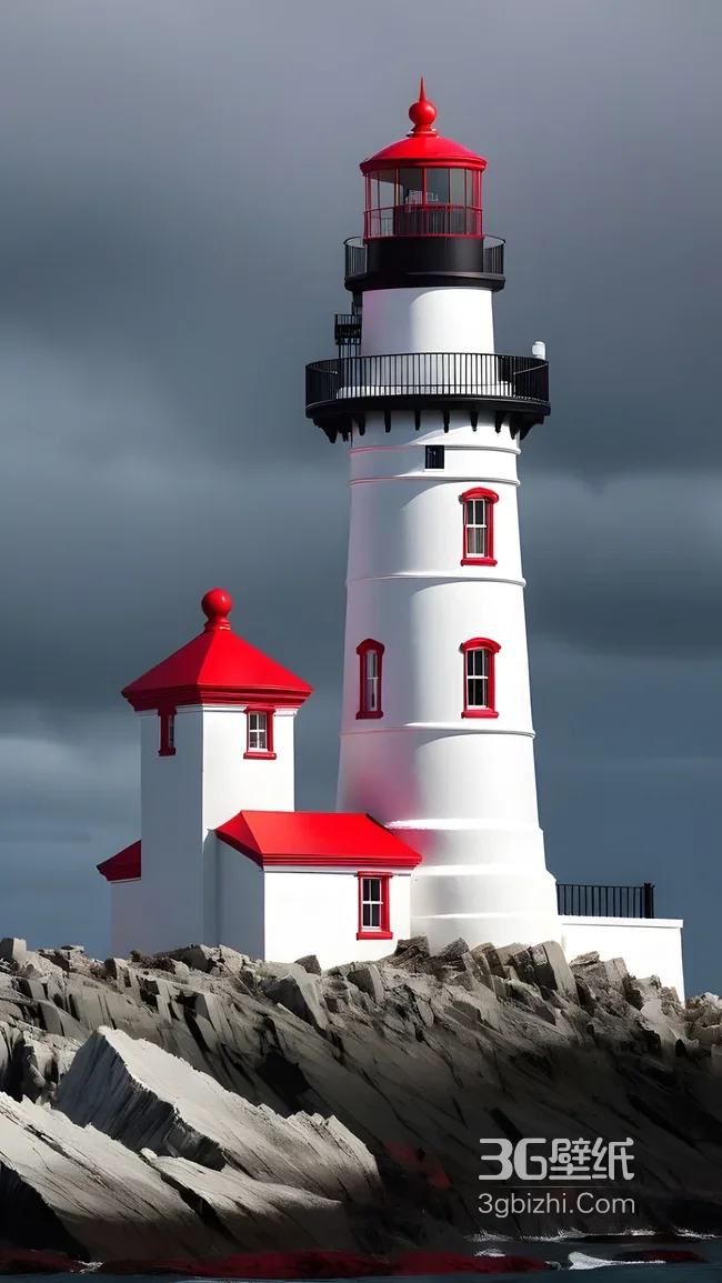 红白灯塔·写实冷峻风·岩石海岸守护感 高质感建筑壁纸1