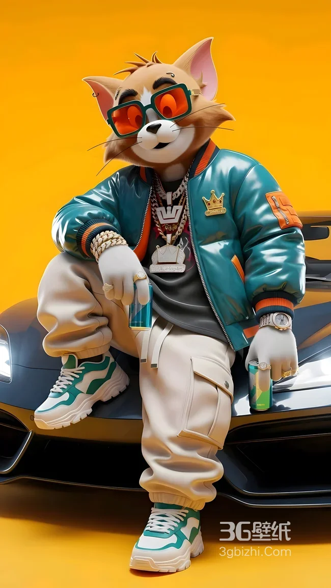 嘻哈潮酷拟人猫咪·潮服墨镜金饰坐跑车 个性手机壁纸1