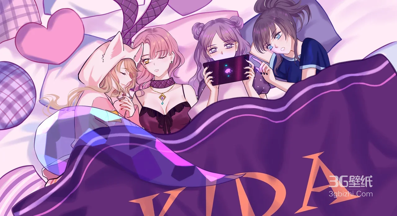 四少女闺蜜同床互动·二次元唯美国漫 温馨姐妹夜谈电脑壁纸优选1