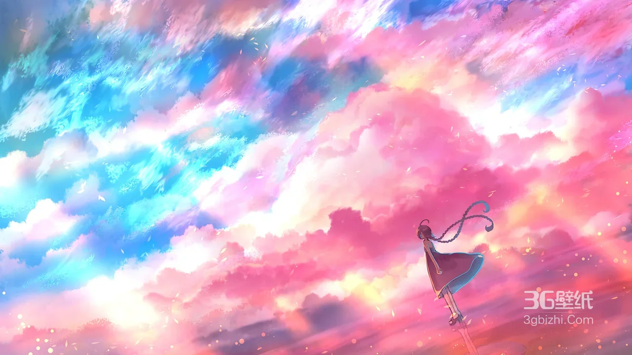 长辫少女·梦幻粉蓝云海 唯美二次元电脑壁纸1