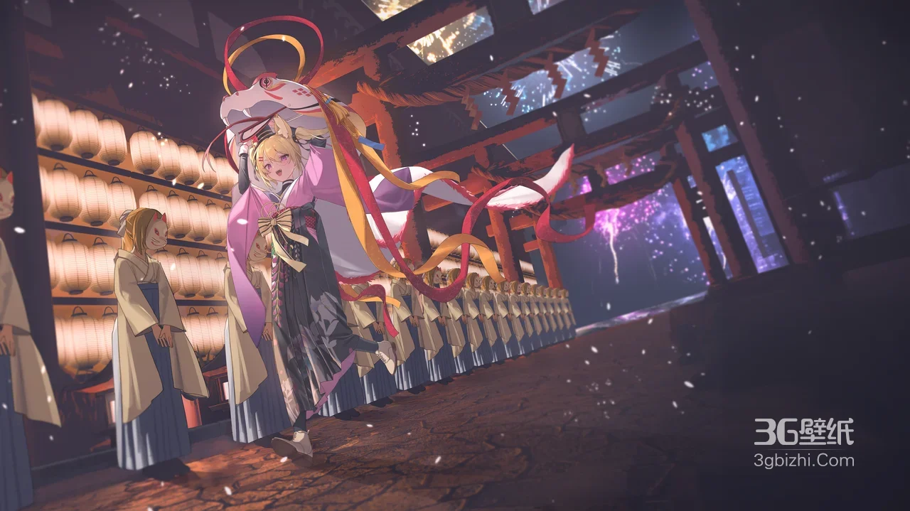 和服少女·狐面祭典·日系二次元动漫电脑壁纸1