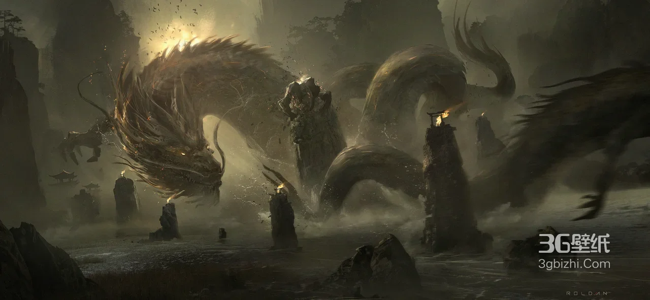 古风巨龙雾霭山川烛台·国风暗黑宽屏电脑壁纸1