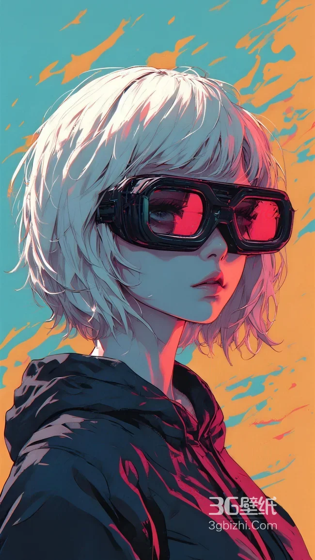 赛博朋克风二次元短发眼镜少女 原创插画手机壁纸1