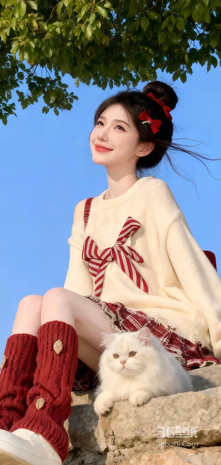 元气女生·红蝴蝶结+白猫 唯美清新户外写真 高赞女生照套图5