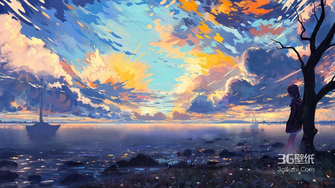 海边少女倚树·落日帆船 唯美二次元风格超宽屏电脑壁纸1