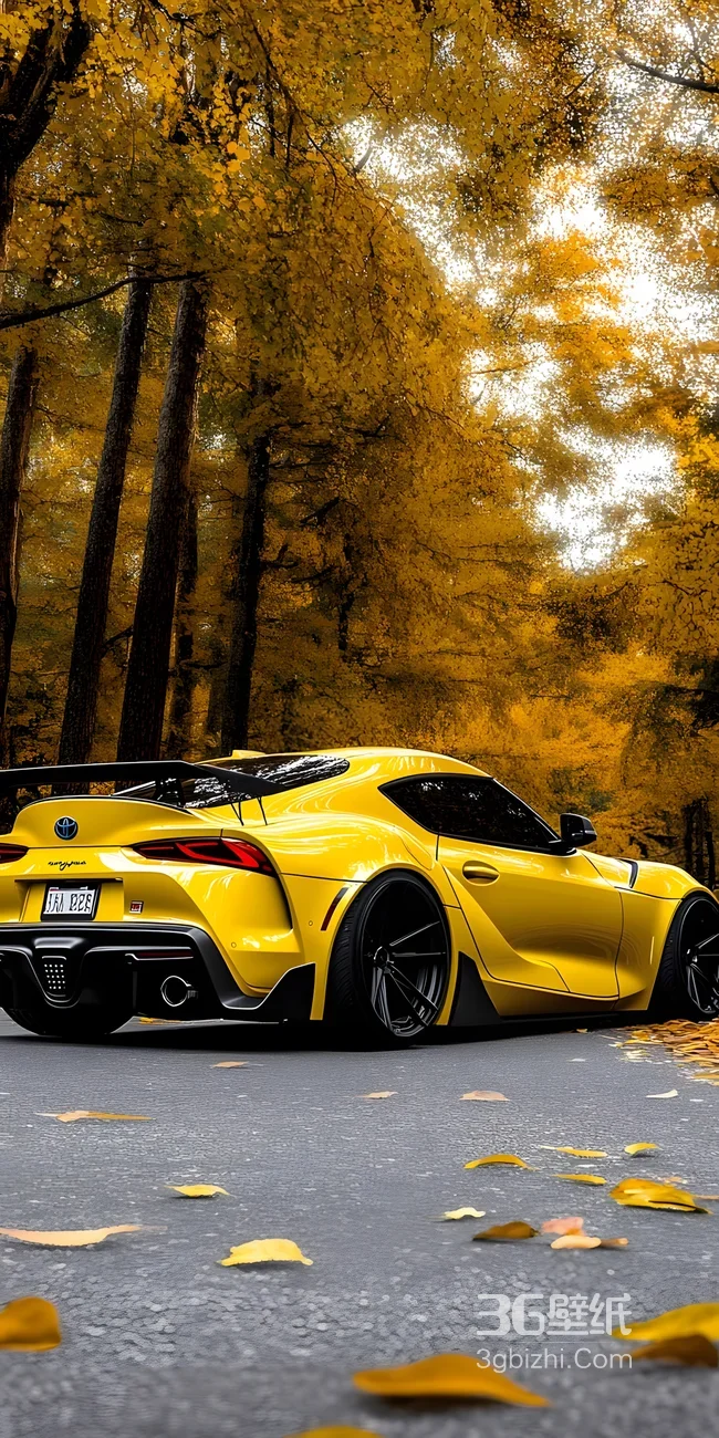 黄色丰田Supra超跑 秋日金黄树林唯美风超跑壁纸1
