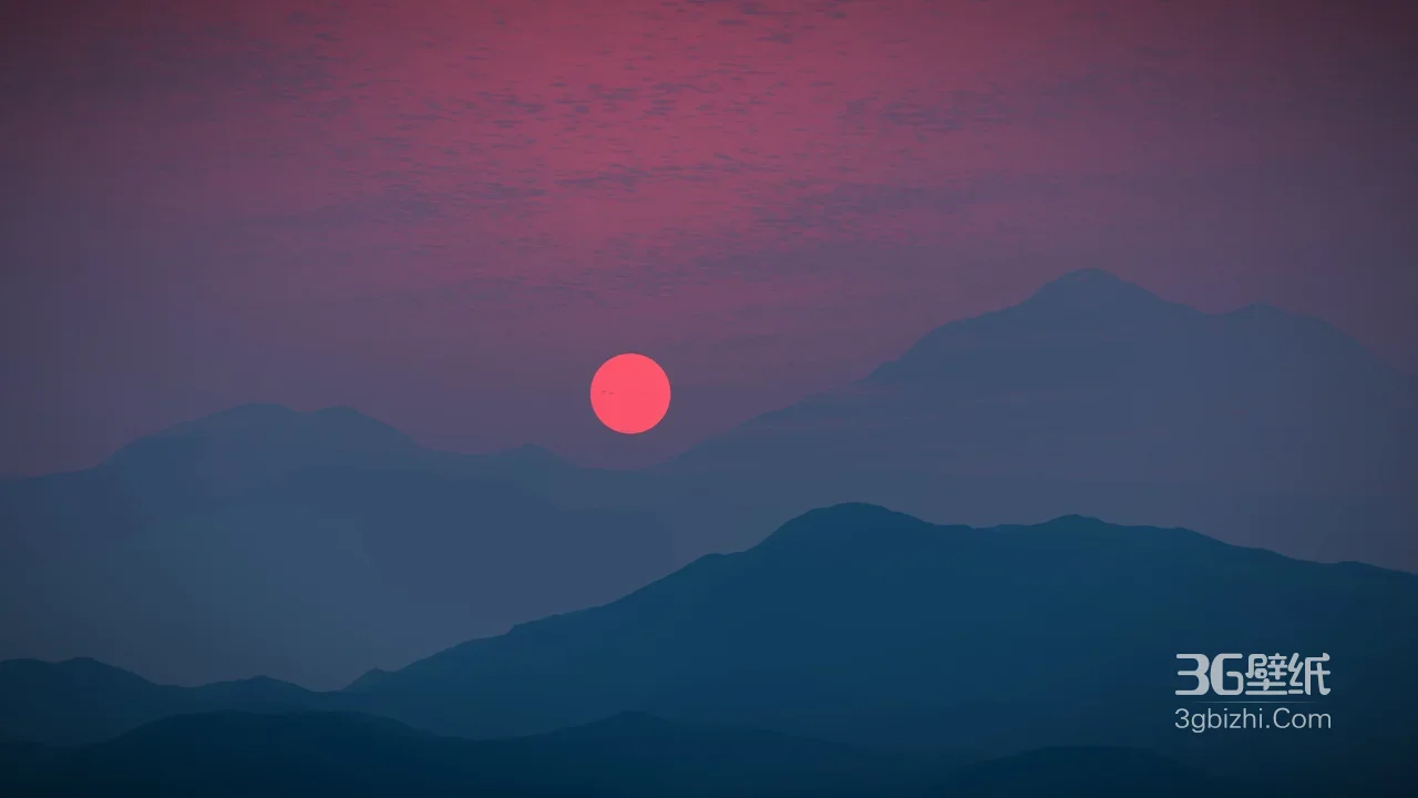 层叠山峦·艳红落日 唯美渐变蓝紫山水电脑壁纸1