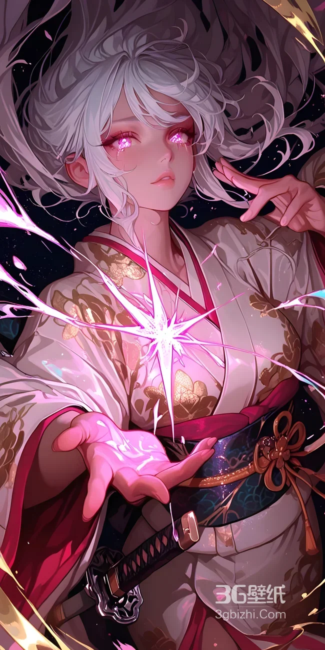 银发和服少女·魔法光效 国风高人气手机壁纸1