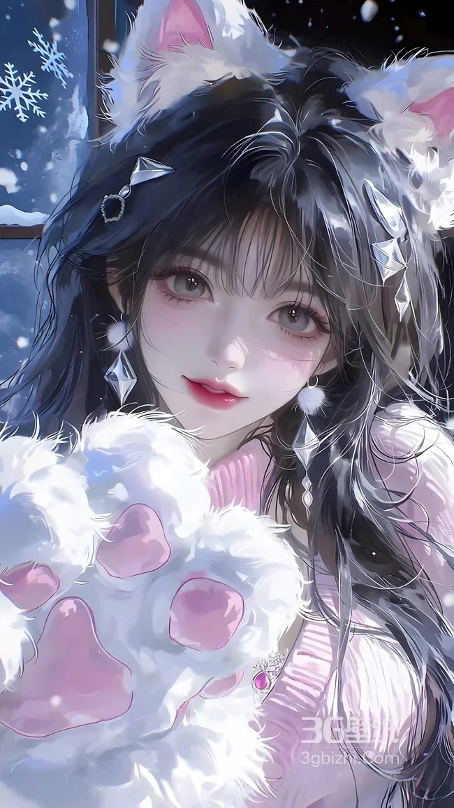 猫耳少女·毛绒猫爪二次元唯美冬日雪景手机壁纸1