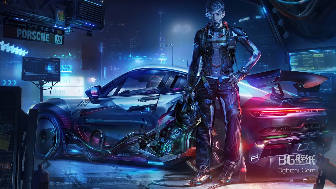 赛博朋克机械义体帅哥 改装保时捷赛车 科幻壁纸1