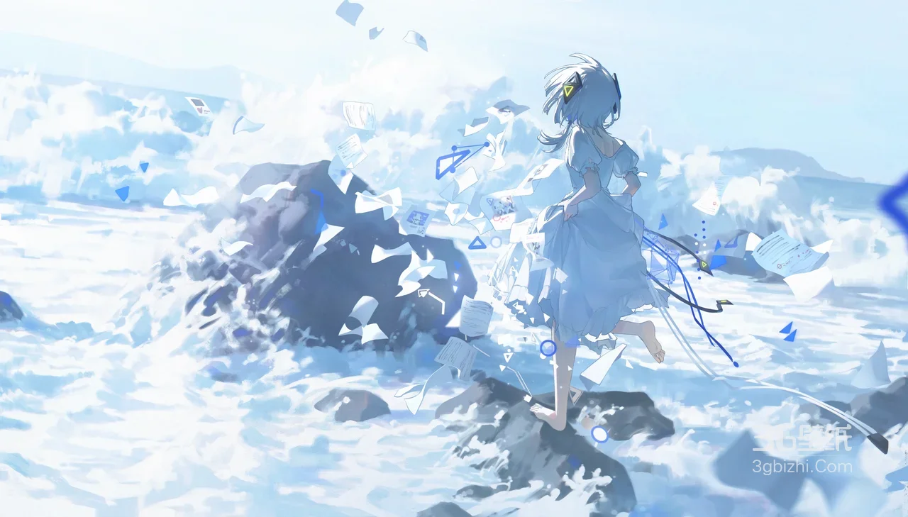 蓝发少女·海浪礁石 二次元唯美插画 电脑壁纸1